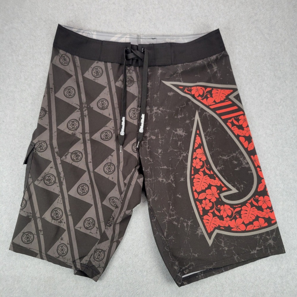 MauiBuilt Board Shorts Mens 32 Black Red Tribal Fishhook Floral Surf Trunks